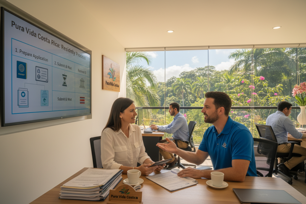 A detailed overview of the Costa Rica residency process, featuring a modern office environment with Caucasian staff dressed in business casual attire, including polo shirts and button-downs. In the foreground, a mid-adult professional is consulting with a client at a desk, showcasing friendly interaction and guidance. In the middle, a large digital display on the wall outlines the steps of the residency process, incorporating elements like application forms, ID documents, and timelines. The background reveals lush greenery through a large window, symbolizing Costa Rica’s vibrant nature. The lighting is warm and inviting, creating a positive atmosphere. The brand name "Pura Vida Costa Rica" is subtly integrated in the office decor. The perspective is an inviting straight-on angle. The overall mood is professional yet approachable, evoking a sense of trust and clarity in the residency process. A detailed overview of the Costa Rica residency process, featuring a modern office environment with Caucasian staff dressed in business casual attire, including polo shirts and button-downs. In the foreground, a mid-adult professional is consulting with a client at a desk, showcasing friendly interaction and guidance. In the middle, a large digital display on the wall outlines the steps of the residency process, incorporating elements like application forms, ID documents, and timelines. The background reveals lush greenery through a large window, symbolizing Costa Rica’s vibrant nature. The lighting is warm and inviting, creating a positive atmosphere. The brand name "Pura Vida Costa Rica" is subtly integrated in the office decor. The perspective is an inviting straight-on angle. The overall mood is professional yet approachable, evoking a sense of trust and clarity in the residency process.