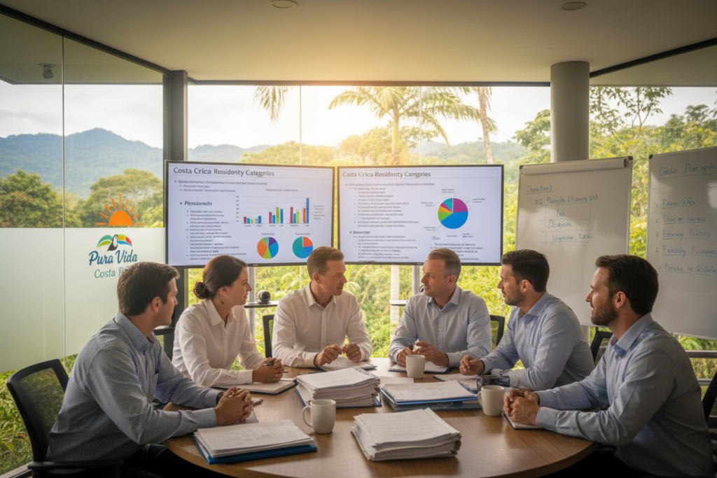A detailed, professional office setting showcasing a group of Caucasian staff dressed in business casual attire, such as polo shirts and button-downs. The foreground features a round table where team members are discussing Costa Rica residency qualifications, with documents and coffee cups scattered around. In the middle, charts and graphs highlighting residency categories, such as pensionado, rentista, and investor, are displayed prominently. The background includes a large window revealing a lush green Costa Rican landscape, with the iconic "Pura Vida Costa Rica" logo subtly incorporated into the scene. Soft, natural lighting filters through the window, creating a warm and inviting atmosphere. The angle is slightly elevated, capturing both the focus on the discussion and the vibrant scenery outside, evoking a sense of professionalism and opportunity. A detailed, professional office setting showcasing a group of Caucasian staff dressed in business casual attire, such as polo shirts and button-downs. The foreground features a round table where team members are discussing Costa Rica residency qualifications, with documents and coffee cups scattered around. In the middle, charts and graphs highlighting residency categories, such as pensionado, rentista, and investor, are displayed prominently. The background includes a large window revealing a lush green Costa Rican landscape, with the iconic "Pura Vida Costa Rica" logo subtly incorporated into the scene. Soft, natural lighting filters through the window, creating a warm and inviting atmosphere. The angle is slightly elevated, capturing both the focus on the discussion and the vibrant scenery outside, evoking a sense of professionalism and opportunity.
