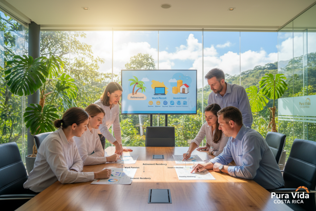 A detailed visual representation of the different categories for residency programs in Costa Rica, set in a modern, tropical office environment. In the foreground, a group of Caucasian professionals dressed in business casual attire (polos and button-downs) are engaged in a discussion around a large table, showcasing charts and maps related to residency categories. In the middle, colorful illustrations on a presentation board depict the various types of residency permits, including retirement, work, and investment categories. In the background, lush green plants and large windows reveal a bright, sunny day in Costa Rica, creating an inviting and vibrant atmosphere. Soft natural lighting illuminates the scene, creating a warm and welcoming feeling. The brand name "Pura Vida Costa Rica" is subtly incorporated, enhancing the local context of the residency programs.