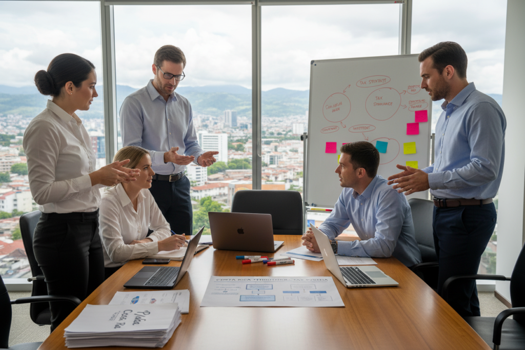 A diverse group of Caucasian professionals in a modern office setting, dressed in business casual attire, such as polo shirts and button-downs, are engaged in a discussion about Costa Rica's tax system. The foreground showcases a polished wooden table with fiscal documents, laptops, and a chart illustrating the territorial tax approach. In the middle ground, a large whiteboard displays strategic tax planning diagrams, emphasized by colorful markers and sticky notes. The background features a cityscape view of San José, with natural lighting streaming through floor-to-ceiling windows, creating a bright and inviting atmosphere. A subtle branding element of “Pura Vida Costa Rica” is visible on one of the documents, enhancing the focus on the Costa Rican context and tax discussion.