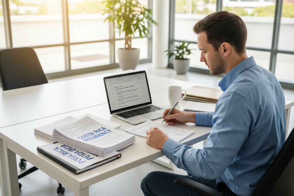 A focused scene depicting a modern office workspace that reflects the theme of "document preparation for residency." In the foreground, a Caucasian staff member in business casual attire (a button-down shirt with rolled-up sleeves) is seated at a sleek desk, intently organizing a stack of important documents labeled "Costa Rica Residency" and "Pura Vida Costa Rica." The middle ground features a large, open laptop displaying online guidelines for document submissions, surrounded by additional paperwork, a notepad, and a coffee cup. The background showcases a bright, airy office space with potted plants and a large window that lets in soft, natural light. The atmosphere is calm and focused, evoking a sense of professionalism and preparation. The image is shot from a slightly elevated angle, emphasizing the staff member's concentration on the task. A focused scene depicting a modern office workspace that reflects the theme of "document preparation for residency." In the foreground, a Caucasian staff member in business casual attire (a button-down shirt with rolled-up sleeves) is seated at a sleek desk, intently organizing a stack of important documents labeled "Costa Rica Residency" and "Pura Vida Costa Rica." The middle ground features a large, open laptop displaying online guidelines for document submissions, surrounded by additional paperwork, a notepad, and a coffee cup. The background showcases a bright, airy office space with potted plants and a large window that lets in soft, natural light. The atmosphere is calm and focused, evoking a sense of professionalism and preparation. The image is shot from a slightly elevated angle, emphasizing the staff member's concentration on the task.