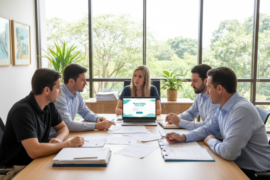 A focused view of a modern office setting depicting the government fees and payment process for Costa Rica residency by marriage. In the foreground, a diverse group of Caucasian staff members, dressed in business casual attire such as polo shirts and button-down shirts, are actively engaged in discussion around a table, reviewing documents and fee schedules. The middle ground showcases neatly organized paperwork, forms, and a laptop displaying a payment processing page with the brand name "Pura Vida Costa Rica" prominently visible. In the background, the office is well-lit with natural light streaming through large windows, creating an atmosphere of professionalism and approachability. The overall mood should be proactive and informative, inviting viewers to understand the residency process clearly.