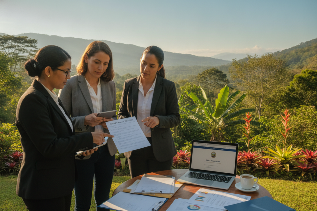 A photorealistic scene of a serene Costa Rican landscape depicting a helpful tips concept for DIMEX card renewal. In the foreground, a diverse group of three professionals dressed in smart, modest business attire, collaboratively discussing a checklist outdoors under the warm, natural sunlight. In the middle ground, a table is set with neatly organized documents, a laptop showing a government website, and a coffee cup, suggesting a productive atmosphere. The background features lush greenery typical of Costa Rica, with vibrant flowers and distant mountains under a clear blue sky. The overall mood is calm and focused, encouraging a smooth renewal experience, with soft natural lighting that highlights the subjects and setting harmoniously.