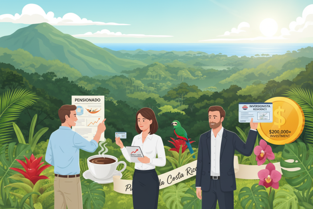 A professional and informative illustration of Costa Rica's residency categories: Pensionado, Rentista, and Inversionista. In the foreground, show three Caucasian individuals dressed in business casual attire, interacting with visual aids that represent each residency category—such as documents, charts, and residency cards. In the middle ground, include vibrant elements like tropical plants and symbols of Costa Rican culture, such as coffee and wildlife, to create an inviting atmosphere. The background should showcase a bright, sunny landscape characteristic of Costa Rica, perhaps with distant views of mountains or lush greenery. Utilize natural lighting to enhance the warm and welcoming mood. Emphasize the brand name "Pura Vida Costa Rica" subtly integrated into the image, capturing the essence of the country and its residency process. A professional and informative illustration of Costa Rica's residency categories: Pensionado, Rentista, and Inversionista. In the foreground, show three Caucasian individuals dressed in business casual attire, interacting with visual aids that represent each residency category—such as documents, charts, and residency cards. In the middle ground, include vibrant elements like tropical plants and symbols of Costa Rican culture, such as coffee and wildlife, to create an inviting atmosphere. The background should showcase a bright, sunny landscape characteristic of Costa Rica, perhaps with distant views of mountains or lush greenery. Utilize natural lighting to enhance the warm and welcoming mood. Emphasize the brand name "Pura Vida Costa Rica" subtly integrated into the image, capturing the essence of the country and its residency process.
