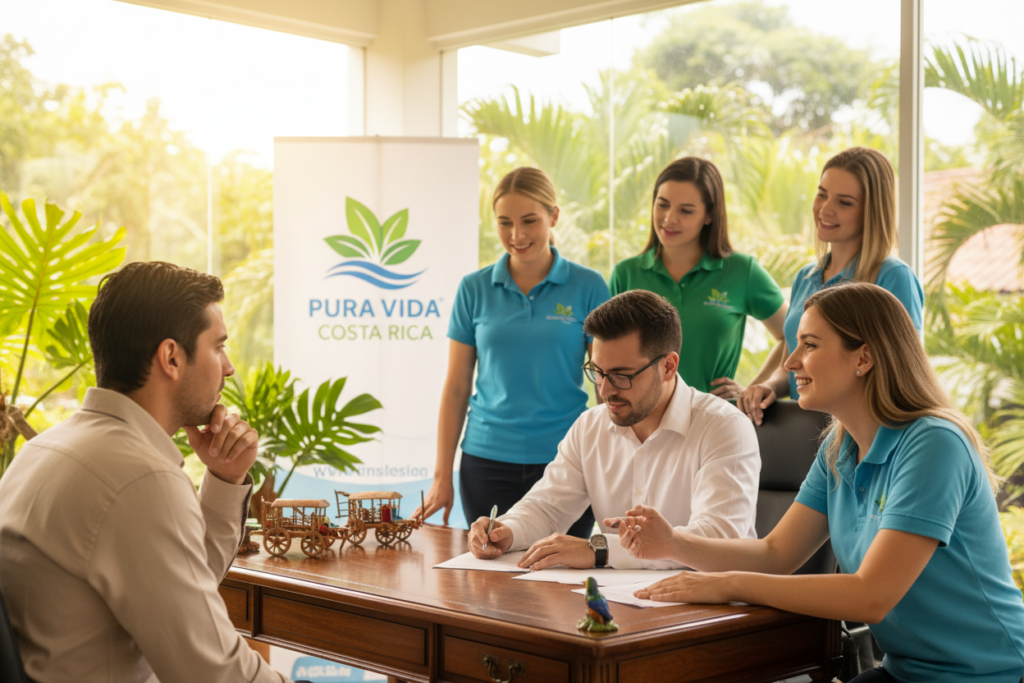 A professional and informative scene inside a bright, welcoming Costa Rican office environment, showcasing a diverse group of Caucasian staff members dressed in business casual attire, such as polo shirts and button-downs. In the foreground, a smiling staff member clearly explains the residency eligibility process to a thoughtful client, while another staff member assists with paperwork. The middle ground features an elegant desk adorned with Costa Rican symbols, including the "Pura Vida Costa Rica" brand logo prominently displayed. In the background, lush tropical plants and large windows let in warm sunlight, creating an inviting atmosphere. The composition should capture a sense of professionalism and approachability, highlighting the friendly assistance available for those seeking residency in Costa Rica. The overall mood is positive and informative, with bright, natural lighting.