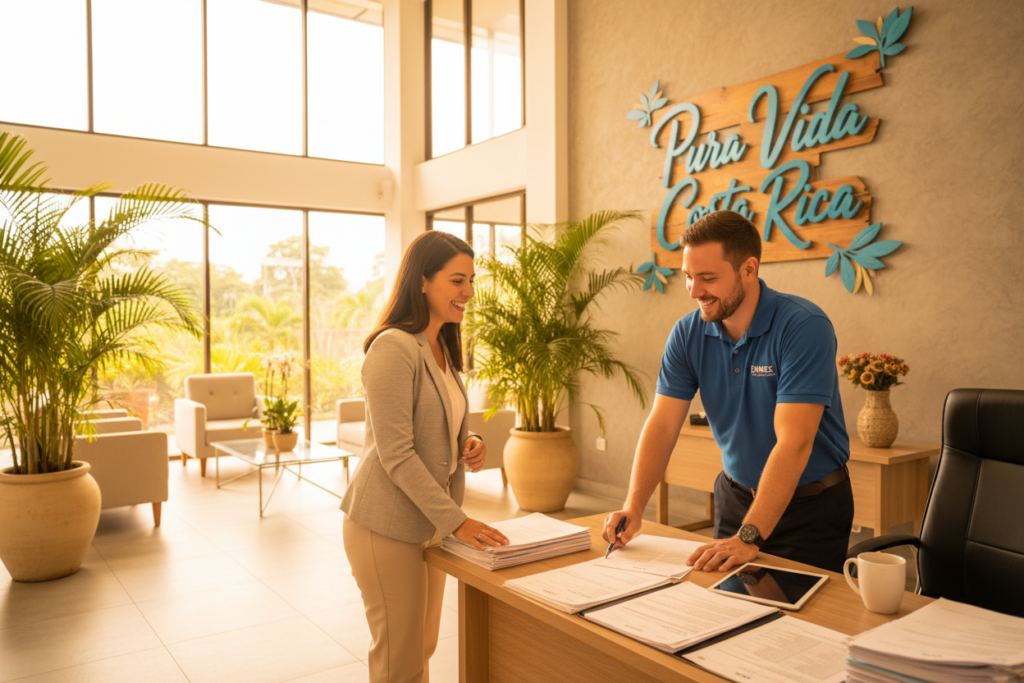A professional and inviting first appointment scene at a DIMEX office in Costa Rica. In the foreground, a Caucasian staff member in a polo shirt assists a client, depicted in business casual attire, both smiling as they discuss documents. The middle ground features a spacious, modern reception area with plants and bright natural lighting streaming through large windows. In the background, a sign reads "Pura Vida Costa Rica," promoting a welcoming atmosphere. The image captures the excitement and professionalism of the first appointment process, using a warm color palette to evoke a friendly ambiance. The composition is well-lit, showcasing details like organized paperwork and comfortable seating, creating an approachable yet professional environment.