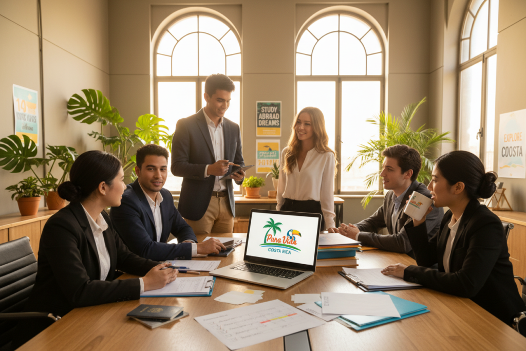 A professional, inviting office setting illustrating the Costa Rica student visa process. In the foreground, a diverse group of young adults, dressed in business casual attire, engage in conversation while reviewing documents on a table. The middle layer shows an open laptop displaying the "Pura Vida Costa Rica" brand logo, along with colorful paperwork and checklists related to the student permit process. In the background, a bright, airy office with plants and educational posters creates a supportive atmosphere. Soft, natural lighting filters through large windows, casting a warm glow, emphasizing the collaborative environment. The mood is focused yet encouraging, reflecting the importance of navigating the visa process successfully.