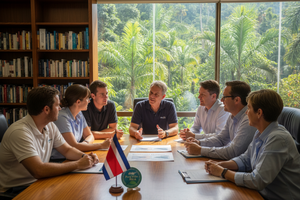 A professional office environment in Costa Rica, featuring a diverse group of Caucasian staff dressed in business casual attire, such as polo shirts and button-down shirts, discussing residency options. The foreground includes a wooden conference table with documents about Pensionado, Rentista, and Inversionista residency options spread out, accompanied by a Costa Rican flag and a logo reading "Pura Vida Costa Rica." The middle ground shows a large window with vibrant green tropical plants outside, reflecting Costa Rica's lush scenery. In the background, there’s a bookshelf filled with guides and books on immigration and Costa Rican culture. The lighting is warm and inviting, natural sunlight filtering through the window, creating a friendly and professional atmosphere, captured with a slightly elevated angle to emphasize collaboration and discussion.