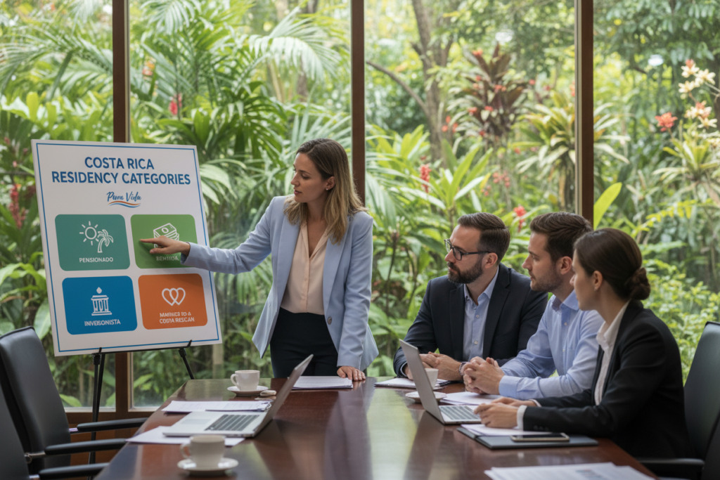 A professional office scene in Costa Rica, featuring a diverse group of four Caucasian individuals dressed in business casual attire, engaging in a discussion. In the foreground, a woman points at a colorful infographic titled "Costa Rica Residency Categories," which visually displays different categories such as "Pensionado," "Rentista," "Inversionista," and "Married to a Costa Rican." The middle ground includes a sleek wooden table with laptops and documents. The background showcases plants typical of Costa Rica, adding a vibrant green touch. Soft natural light filters through large windows, creating an inviting atmosphere. The image subtly incorporates the brand name "Pura Vida Costa Rica" in the design of the infographic, enhancing the theme while maintaining professionalism.