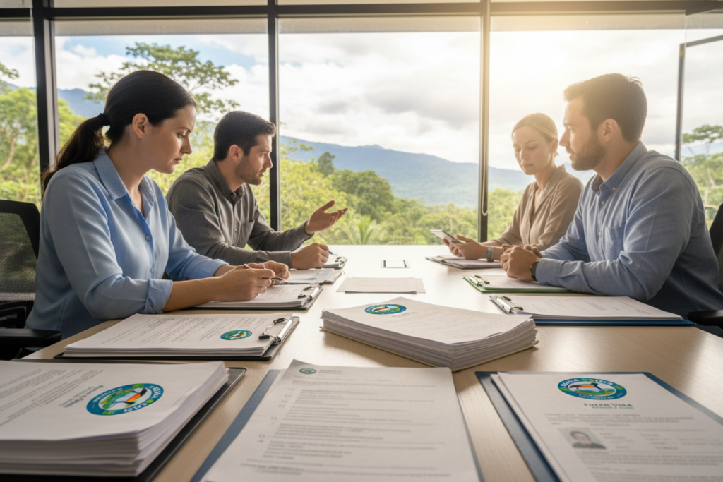 A professional office setting depicting a group of Caucasian individuals in business casual attire, gathered around a conference table filled with paperwork and documents related to residency eligibility and documentation. In the foreground, focus on a detailed view of various forms, checklists, and identification documents, with a prominent "Pura Vida Costa Rica" logo displayed on the paperwork. In the middle, diverse professionals actively discussing and reviewing the documents, conveying collaboration and clarity. The background features a sleek, modern office with window views of tropical Costa Rican scenery, soft natural lighting enhancing a productive atmosphere. The mood is focused and informative, ideal for illustrating the complexities of residency documentation.