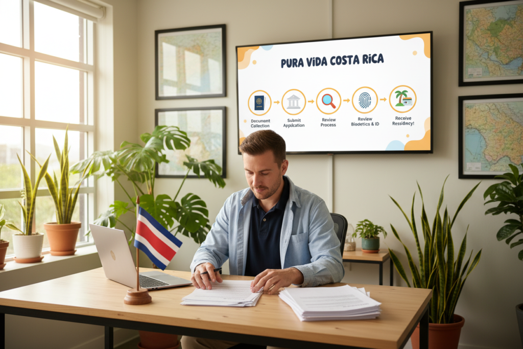 A professional office setting depicting a step-by-step guidance for a Costa Rica residency application. In the foreground, a Caucasian staff member in business casual attire (a polo shirt and button-down) is sitting at a modern desk, reviewing documents. You can see application forms, a laptop, and a Costa Rican flag on the desk. In the middle ground, a large screen displays a friendly infographic titled "Pura Vida Costa Rica" with icons representing various steps of the residency application process. The background features a welcoming office environment with indoor plants and framed maps of Costa Rica. Soft natural lighting filters through the windows, casting a warm glow, creating a focused and encouraging atmosphere ideal for applicants. A professional office setting depicting a step-by-step guidance for a Costa Rica residency application. In the foreground, a Caucasian staff member in business casual attire (a polo shirt and button-down) is sitting at a modern desk, reviewing documents. You can see application forms, a laptop, and a Costa Rican flag on the desk. In the middle ground, a large screen displays a friendly infographic titled "Pura Vida Costa Rica" with icons representing various steps of the residency application process. The background features a welcoming office environment with indoor plants and framed maps of Costa Rica. Soft natural lighting filters through the windows, casting a warm glow, creating a focused and encouraging atmosphere ideal for applicants.