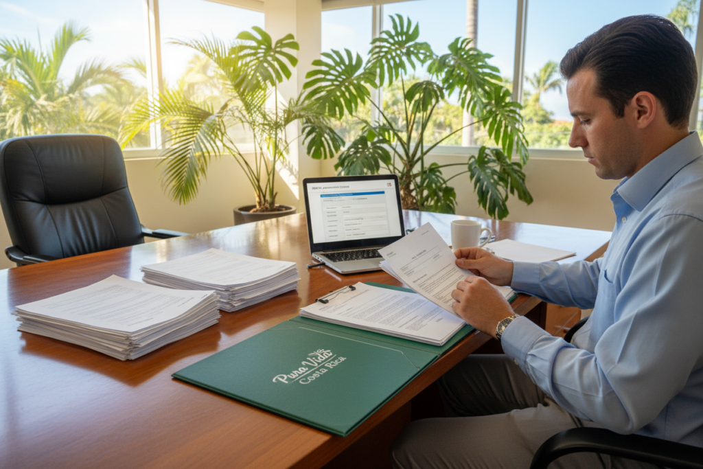 A professional office setting depicting the preparation for a Costa Rica DIMEX appointment. In the foreground, a Caucasian staff member dressed in business casual attire, such as a button-down shirt, is carefully reviewing documents related to Costa Rica residency applications, with a "Pura Vida Costa Rica" branded folder open on the desk. In the middle ground, a neatly arranged pile of documents and a laptop display various forms and checklists. The background features a softly lit office with tropical plants, hinting at Costa Rica’s lush environment, and a window showcasing bright sunlight to convey a warm atmosphere. The scene should be inviting yet professional, emphasizing organization and clarity in the residency document process.