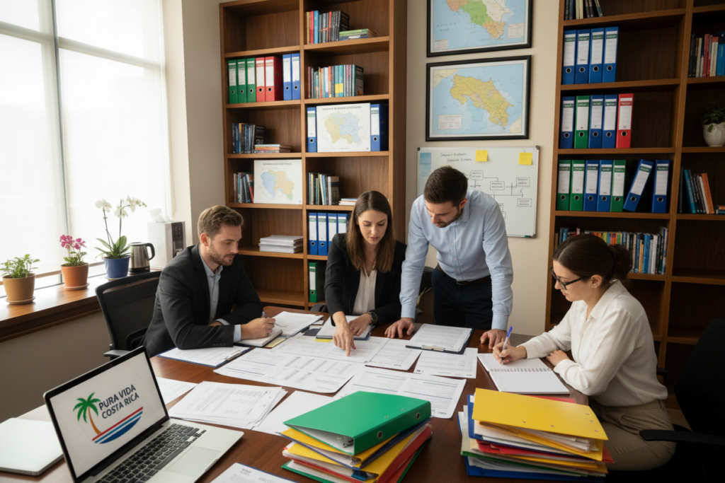 A professional office setting featuring a diverse group of Caucasian staff in business casual attire, collaboratively preparing documentation for a Costa Rica residency program. In the foreground, a well-organized table filled with colorful file folders, application forms, and a laptop displaying the "Pura Vida Costa Rica" logo. In the middle, two individuals are focused on reviewing documents, while a third person is writing notes. The background shows shelves filled with books about Costa Rican culture and legal requirements for residency. Soft, natural lighting coming from a window enhances a calm and productive atmosphere. The angle captures the team's dynamic interaction, illustrating a sense of preparation and professionalism, reflecting the importance of 'Documentos Requeridos' in a welcoming workspace.