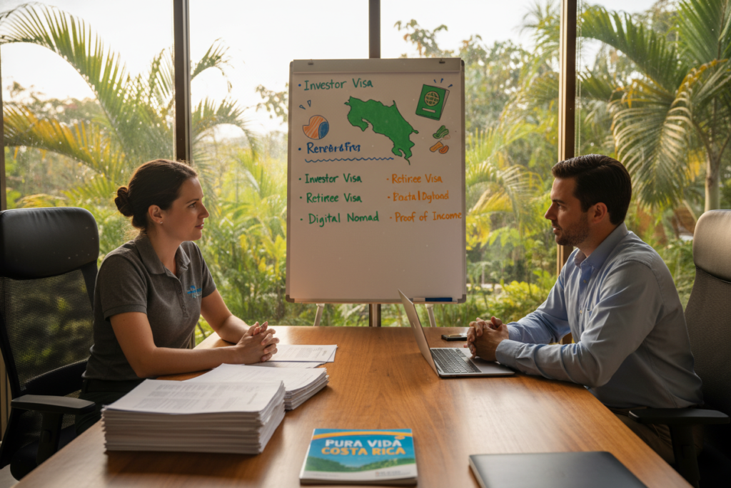 A professional office setting illustrating Costa Rica residency requirements, featuring a Caucasian female and male staff in business casual attire, such as polo shirts and button-downs, engaged in a conversation. The foreground includes a large wooden desk with important documents and a "Pura Vida Costa Rica" brochure. In the middle, a whiteboard displays key points of residency requirements, with colorful graphics and a map of Costa Rica. The background shows large windows with tropical foliage outside, letting in warm, natural sunlight that creates an inviting atmosphere. The shot is taken from a slightly elevated angle to provide a comprehensive view of the workspace, enhancing the mood of professionalism and approachability.
