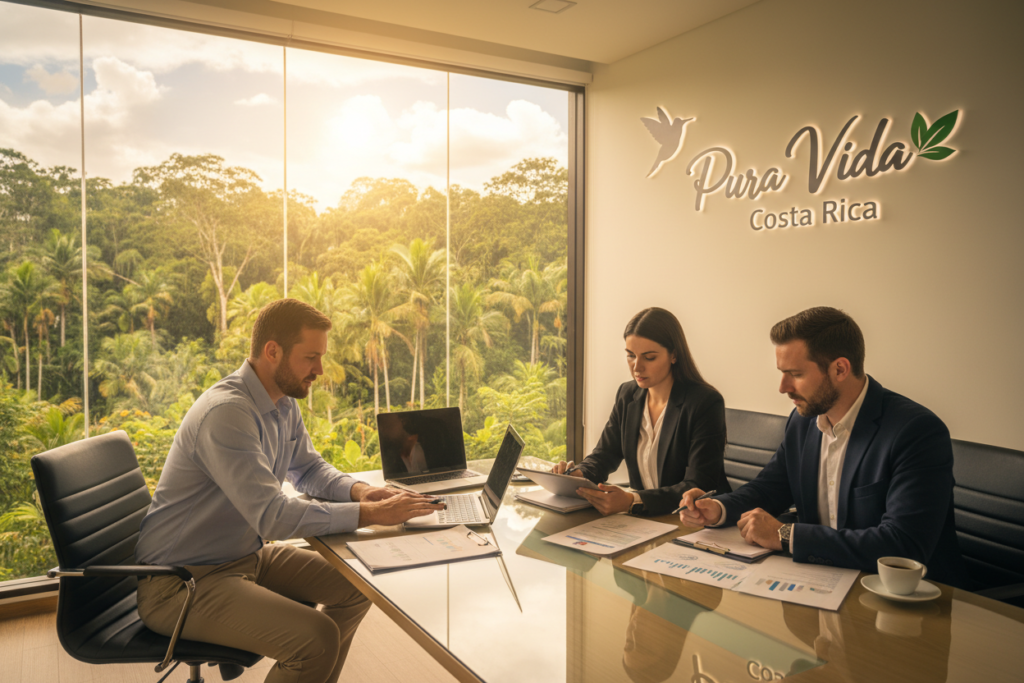 A professional office setting in Costa Rica, showcasing a diverse group of Caucasian individuals in business casual attire, discussing residency eligibility for executives and managers. In the foreground, a focused discussion among three people at a modern conference table, with documents and laptops open. The middle shows a large window revealing a lush tropical landscape, symbolizing Costa Rica's natural beauty. In the background, a motivating "Pura Vida Costa Rica" logo subtly displayed on the wall. Soft, natural lighting filters through the window, creating a warm and inviting atmosphere. The angle is slightly elevated to provide a comprehensive view of the interaction, capturing a collaborative and professional mood ideal for business discussions. A professional office setting in Costa Rica, showcasing a diverse group of Caucasian individuals in business casual attire, discussing residency eligibility for executives and managers. In the foreground, a focused discussion among three people at a modern conference table, with documents and laptops open. The middle shows a large window revealing a lush tropical landscape, symbolizing Costa Rica's natural beauty. In the background, a motivating "Pura Vida Costa Rica" logo subtly displayed on the wall. Soft, natural lighting filters through the window, creating a warm and inviting atmosphere. The angle is slightly elevated to provide a comprehensive view of the interaction, capturing a collaborative and professional mood ideal for business discussions.