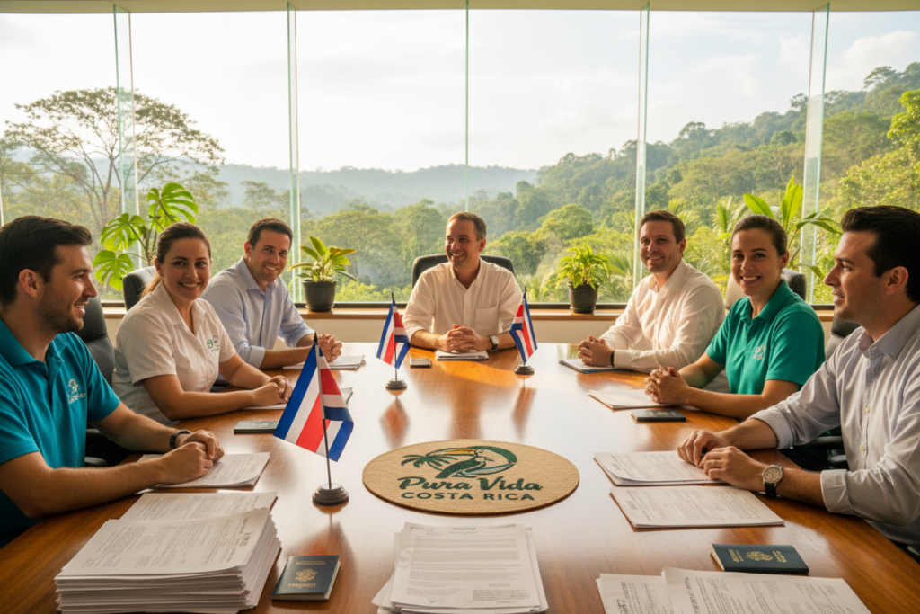 A professional office setting in Costa Rica, showcasing a diverse group of Caucasian staff dressed in business casual attire, like polo shirts and button-downs. In the foreground, a table is neatly arranged with various residency application documents, Costa Rican flags, and a "Pura Vida Costa Rica" brand logo prominently displayed. The middle ground features a large window allowing soft, natural sunlight to illuminate the space, creating a warm and inviting atmosphere. The background includes tropical plants and a scenic view of Costa Rican landscape, hinting at the beauty of the country. The composition is balanced and inviting, exuding a sense of professionalism and clarity, perfect for illustrating residency requirements. A professional office setting in Costa Rica, showcasing a diverse group of Caucasian staff dressed in business casual attire, like polo shirts and button-downs. In the foreground, a table is neatly arranged with various residency application documents, Costa Rican flags, and a "Pura Vida Costa Rica" brand logo prominently displayed. The middle ground features a large window allowing soft, natural sunlight to illuminate the space, creating a warm and inviting atmosphere. The background includes tropical plants and a scenic view of Costa Rican landscape, hinting at the beauty of the country. The composition is balanced and inviting, exuding a sense of professionalism and clarity, perfect for illustrating residency requirements.