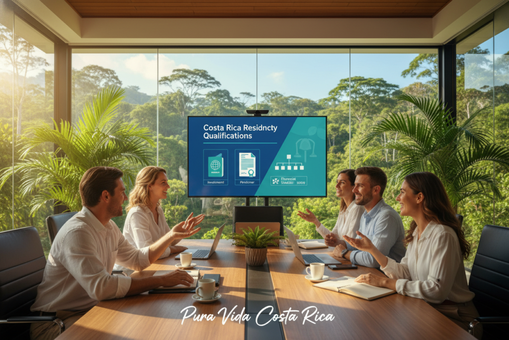 A professional office setting in Costa Rica showcasing the concept of residency qualifications. In the foreground, a diverse group of Caucasian individuals dressed in business casual attire, such as polo shirts and button-downs, are engaged in a collaborative discussion around a modern conference table. The middle ground features a large screen displaying key visuals related to residency qualifications, like documents and infographic elements. The background highlights tropical plants, large windows with bright natural light streaming in, and views of lush greenery outside, capturing the essence of Costa Rica. The mood is optimistic and professional, emphasizing teamwork and progress. At the bottom of the image, subtly display the phrase "Pura Vida Costa Rica" to accentuate the location. The scene should be well-lit and vibrant, giving a sense of warmth and opportunity.