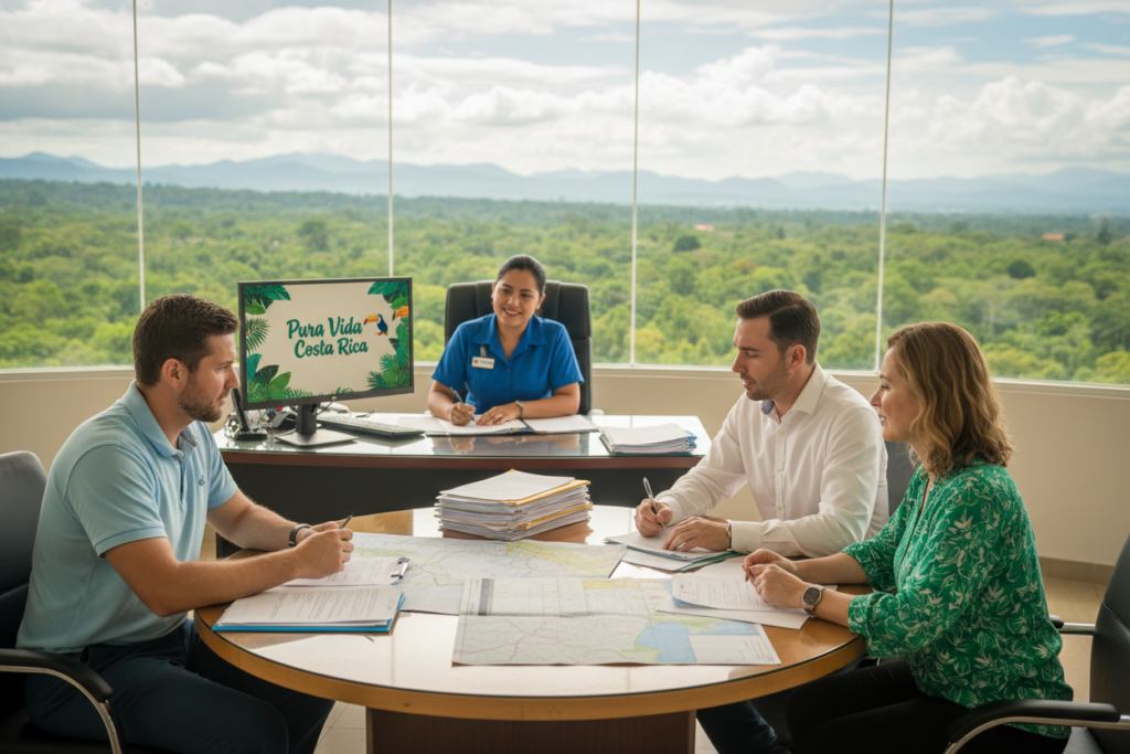 A professional office setting in Costa Rica, showcasing the residency process (Residencia) and the DIMEX renewal. In the foreground, a diverse group of three Caucasian professionals in business casual attire, including polo shirts and button-downs, are engaged in discussion at a round table with paperwork and Costa Rican maps spread out. In the middle ground, a friendly Costa Rican staff member assists with paperwork, while a computer displays the "Pura Vida Costa Rica" brand logo on the screen. The background features a large window with a view of lush Costa Rican greenery, symbolizing the country’s beauty. Soft, natural lighting filters through, creating a warm and inviting atmosphere. The angle captures the interaction and professionalism of the residency process without any distractions.