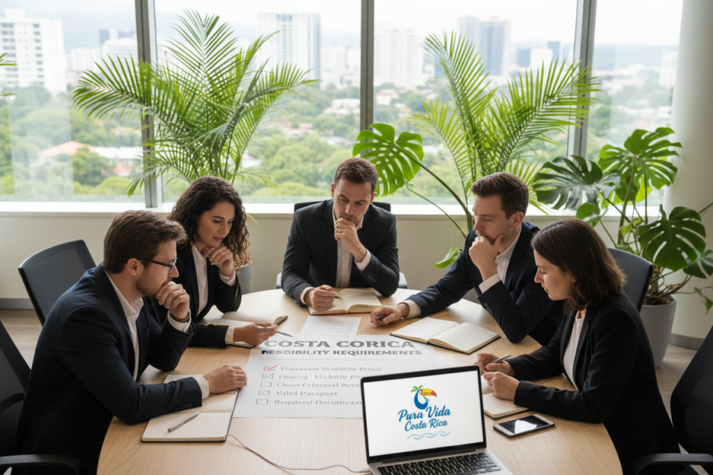 A professional office setting showcasing a diverse group of Caucasian individuals in business casual attire, discussing Costa Rica's residency eligibility requirements. The foreground features a round table with documents and a laptop displaying a "Pura Vida Costa Rica" logo. In the middle, the individuals, engaged in a collaborative discussion, are examining a checklist of eligibility criteria, such as financial stability and documentation. The background reveals a bright and inviting office space, with large windows allowing natural light to flood in, highlighting tropical plants that provide a warm atmosphere. The angle is slightly elevated, focusing on the interactions at the table, creating a dynamic and informative mood that encourages professional engagement.