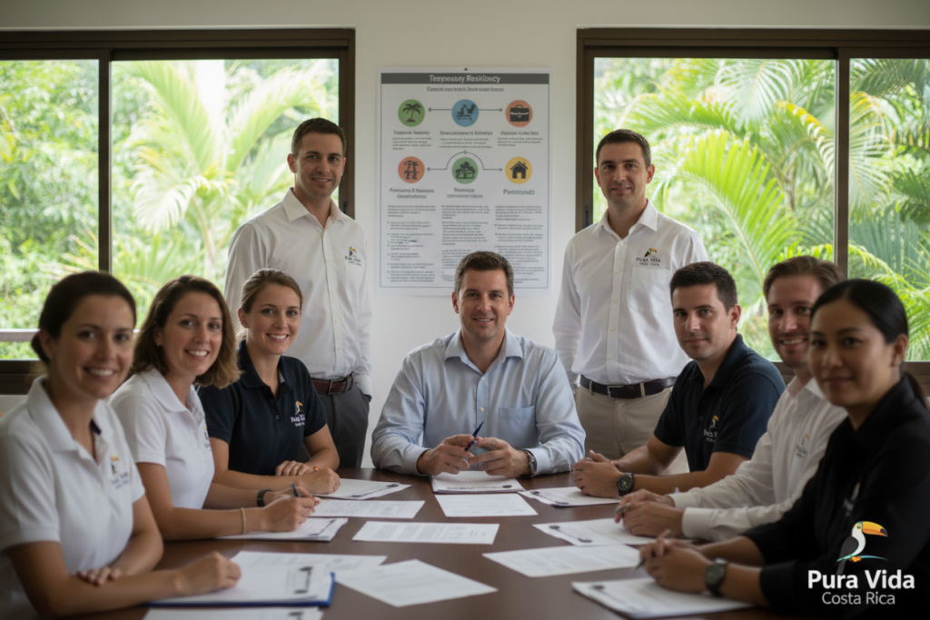 A professional office setting showcasing the different categories of Costa Rican residency. In the foreground, a diverse group of Caucasian staff members in business casual attire, including polo shirts and button-downs, stand gathered around a large table filled with documents related to residency requirements. In the middle, a detailed infographic poster on the wall illustrates the various residency categories such as “Temporary Residency,” “Permanent Residency,” and “Pensionado,” each depicted with symbols representing lifestyle benefits. The background features lush Costa Rican flora visible through large windows, with warm, natural lighting filtering in to create an inviting atmosphere. The focal point is highlighted with a soft depth of field, ensuring clarity on the informational materials while maintaining a professional yet welcoming vibe. The image reflects the brand “Pura Vida Costa Rica.”