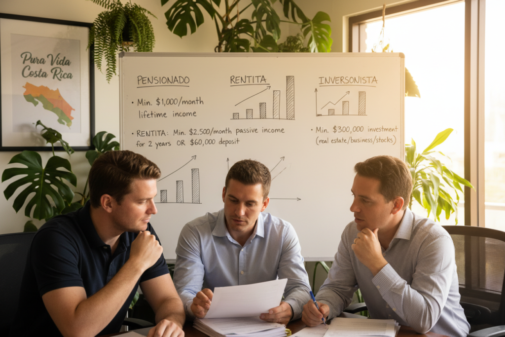 A professional office setting showcasing the financial requirements for Costa Rica residency categories: Pensionado, Rentista, and Inversionista. In the foreground, a group of three Caucasian individuals in business casual attire (polo/button-down shirts, no ties or jackets) are discussing documents related to residency laws, with serious but friendly expressions. In the middle ground, a whiteboard displays graphs and charts outlining the financial requirements for each category, bathed in warm, inviting light to create a welcoming atmosphere. The background includes lush green indoor plants, accentuating the beautiful Costa Rican environment. Incorporate the brand name "Pura Vida Costa Rica" subtly within the scene, ensuring it blends naturally with the setting. The overall mood should be professional yet approachable, reflecting the spirit of Costa Rica.
