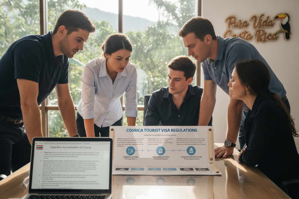 A professional office setting with a diverse group of Caucasian staff in business casual attire (polo/button-down shirts) gathered around a sleek conference table, discussing Costa Rica's tourism regulations. The foreground features an open laptop displaying a detailed document about visa information. In the middle, a clear, printed infographic titled "Costa Rica Tourist Visa Regulations" is laid out, highlighting key points such as duration of stay, application process, and penalties for overstaying. The background shows a window with natural light streaming in, enhancing the warm, inviting atmosphere of the office. The mood is focused and informative, emphasizing the importance of understanding visa regulations. A subtle logo, "Pura Vida Costa Rica," integrates into the workspace decor, symbolizing the spirit of travel and exploration.