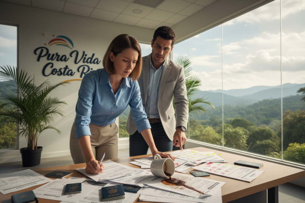 A professional workspace scene depicting common mistakes in Costa Rica residency applications. In the foreground, a frustrated Caucasian woman in business casual attire (button-down shirt and slacks) examines a cluttered desk filled with incomplete paperwork, mismatched documents, and a coffee cup spilling over. In the middle ground, a male colleague, also in business casual, looks over her shoulder with a concerned expression, pointing at a checklist with errors highlighted. The background features a bright, airy office with large windows showing a tropical landscape of Costa Rica, with the brand name "Pura Vida Costa Rica" subtly integrated into the decor. Soft, natural lighting enhances the atmosphere, creating a mood of urgency and the importance of attention to detail in applications.