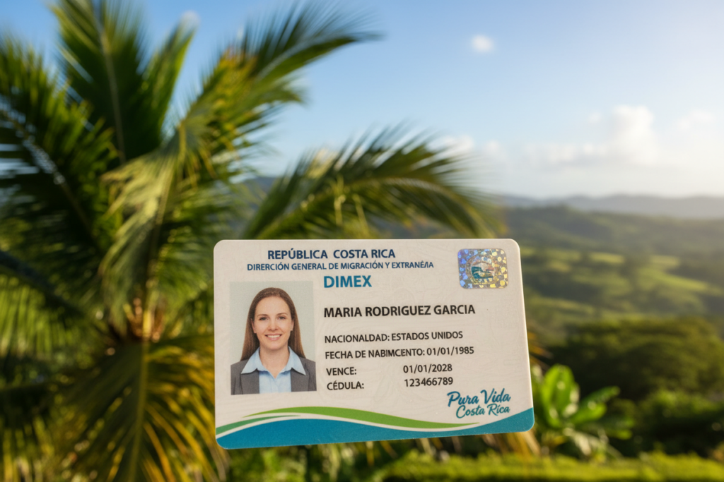 A realistic representation of a Costa Rica DIMEX residency card, displayed prominently in the foreground. The card is slightly angled to reveal its details, which include the cardholder's name and a photo of a Caucasian person in professional business casual attire, such as a button-down shirt. In the middle ground, subtly blurred, there are hints of tropical flora, like palm leaves, representing Costa Rica's lush environment. The background features a soft-focus view of a sunny Costa Rican landscape, with blue skies and rolling hills. The lighting is warm and natural, casting a gentle glow on the card. Include the brand name "Pura Vida Costa Rica" artistically integrated into the card design. The overall mood is inviting and informative, ideal for illustrating an overview of residency in Costa Rica.