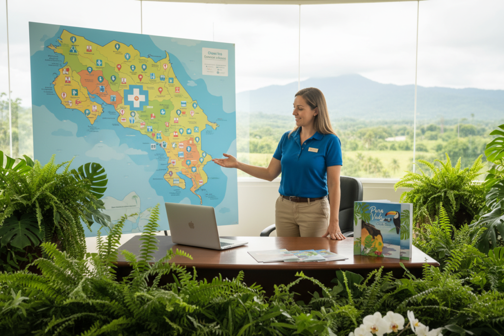 A serene and inviting office setting reflecting Costa Rica's tropical charm, designed as a guide to residency healthcare. In the foreground, a friendly Caucasian staff member in business casual attire (polo/button-down) gestures towards a vibrant, illustrated map of Costa Rica focusing on healthcare resources. The middle ground features a wooden desk with a laptop and healthcare brochures titled "Pura Vida Costa Rica," surrounded by lush green plants that suggest the country’s natural beauty. The background showcases large windows with soft natural light pouring in, revealing a glimpse of Costa Rican scenery. The overall atmosphere is welcoming and professional, conveying a sense of support and guidance for newcomers navigating residency and medical requirements.