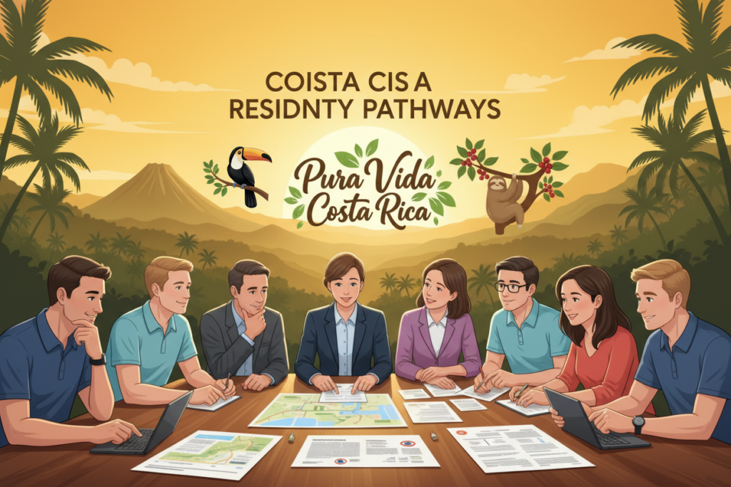 A serene and professional illustration depicting "Costa Rica residency pathways". In the foreground, a diverse group of Caucasian individuals dressed in business casual attire, such as polo shirts and button-downs, gathered around a table with maps and documents illustrating various residency options in Costa Rica. The middle ground features symbols of Costa Rican culture, like iconic landscapes and the phrase "Pura Vida Costa Rica" artistically rendered. In the background, a vibrant sunset casts a warm glow over the lush greenery typical of Costa Rica’s landscapes, enhancing the atmosphere of opportunity and warmth. The scene is well-lit, emphasizing the details of the documents while maintaining a soft focus on the background, captured from a slightly elevated angle to create a sense of inclusivity and engagement. The overall mood is informative and inviting.