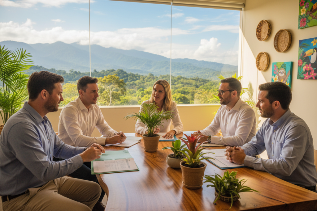 A serene office setting depicting the essence of "Pura Vida Costa Rica." In the foreground, a diverse group of professionals, including Caucasian staff in business casual attire, are discussing Costa Rica residency requirements. They are seated around a sleek wooden table adorned with tropical plants and documents featuring key residency guidelines. In the middle ground, a large window reveals a vibrant Costa Rican landscape with lush greenery and distant mountains, symbolizing the beauty of the country. The background features a soft-focus on traditional Costa Rican decor elements, such as woven baskets and colorful art pieces, enhancing the cultural atmosphere. The lighting is warm and inviting, reminiscent of a sunny day, creating an encouraging and optimistic mood that embodies the essence of expat life in Costa Rica. A serene office setting depicting the essence of "Pura Vida Costa Rica." In the foreground, a diverse group of professionals, including Caucasian staff in business casual attire, are discussing Costa Rica residency requirements. They are seated around a sleek wooden table adorned with tropical plants and documents featuring key residency guidelines. In the middle ground, a large window reveals a vibrant Costa Rican landscape with lush greenery and distant mountains, symbolizing the beauty of the country. The background features a soft-focus on traditional Costa Rican decor elements, such as woven baskets and colorful art pieces, enhancing the cultural atmosphere. The lighting is warm and inviting, reminiscent of a sunny day, creating an encouraging and optimistic mood that embodies the essence of expat life in Costa Rica.