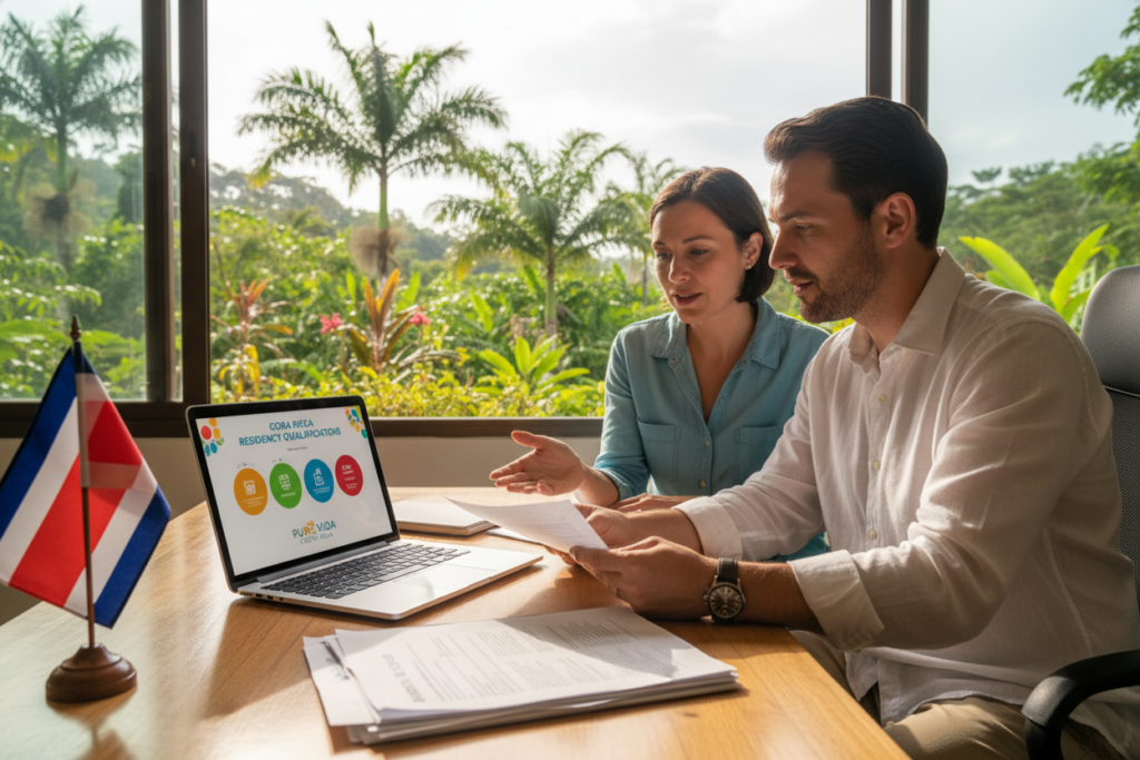A serene office setting in Costa Rica, showcasing a Caucasian professional couple in business casual attire, reviewing residency eligibility documents. The foreground features a wooden desk with an organized stack of paperwork, a laptop displaying a vivid infographic about residency qualifications, and a Costa Rican flag subtly placed nearby. In the middle, the couple is engaged in a focused discussion, with expressions of determination and hope. The background reveals a large window with a lush tropical landscape, emphasizing the beauty of Costa Rica. Soft, natural lighting filters through, creating a warm and inviting atmosphere. The mood is optimistic and professional. The brand name "Pura Vida Costa Rica" is subtly integrated into the design of the laptop screen. A serene office setting in Costa Rica, showcasing a Caucasian professional couple in business casual attire, reviewing residency eligibility documents. The foreground features a wooden desk with an organized stack of paperwork, a laptop displaying a vivid infographic about residency qualifications, and a Costa Rican flag subtly placed nearby. In the middle, the couple is engaged in a focused discussion, with expressions of determination and hope. The background reveals a large window with a lush tropical landscape, emphasizing the beauty of Costa Rica. Soft, natural lighting filters through, creating a warm and inviting atmosphere. The mood is optimistic and professional. The brand name "Pura Vida Costa Rica" is subtly integrated into the design of the laptop screen.