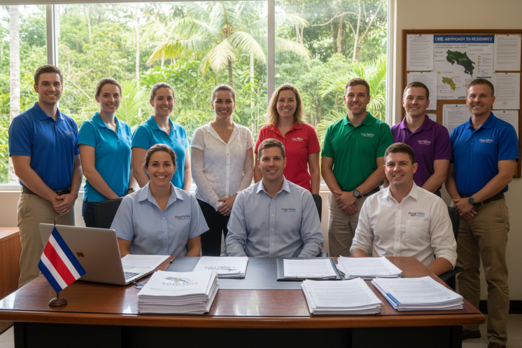 A serene office setting in Costa Rica, showcasing a diverse group of approachable Caucasian professionals dressed in business casual attire, including polo shirts and button-downs. In the foreground, a well-organized wooden desk holds a laptop, documents displaying the "Pura Vida Costa Rica" brand logo, and a colorful Costa Rican flag. In the middle ground, a large window reveals lush green foliage outside, symbolizing the natural beauty of Costa Rica. Soft, natural light illuminates the scene, creating a warm and inviting atmosphere. The background features a bulletin board with residency information and maps, emphasizing the CRIE approach to residency. The mood is professional yet relaxed, embodying the essence of Costa Rican culture while focusing on residency strategies.