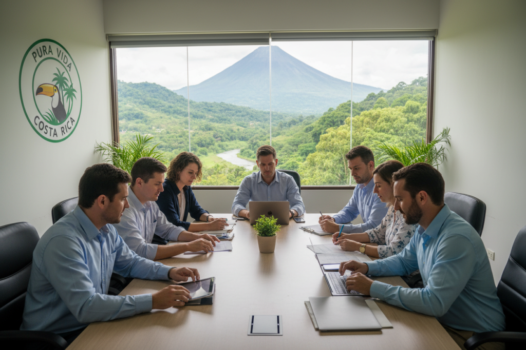 A serene office setting in Costa Rica showcasing the DIMEX renewal process. In the foreground, a diverse group of diverse Caucasian professionals in business casual attire, such as polo shirts and button-downs, collaborate at a modern wooden conference table filled with documents and digital devices. The middle ground features a large window with vibrant greenery and the iconic Costa Rican landscape. Bright, natural light streams into the office, casting soft shadows and enhancing the atmosphere of focused productivity. In the background, a wall displays the "Pura Vida Costa Rica" logo, symbolizing the local culture and commitment to quality. The overall mood is professional yet relaxed, capturing the essence of innovation and collaboration in the DIMEX renewal process.