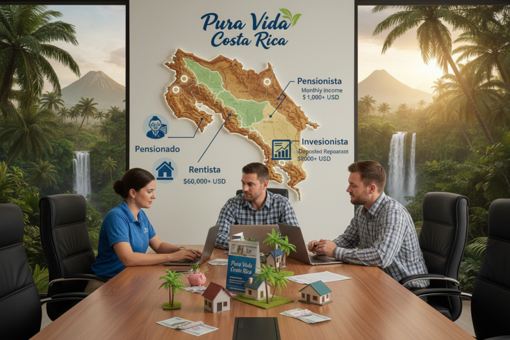 A vibrant and informative scene illustrating the financial requirements for residency in Costa Rica, focusing on the Pensionado, Rentista, and Inversionista categories. In the foreground, a diverse group of Caucasian staff dressed in professional business casual attire, including polos and button-down shirts, engages in discussion around a table filled with documents and informational brochures. The middle ground features a large map of Costa Rica with icons representing different residency categories, along with the brand name "Pura Vida Costa Rica" prominently displayed. The background showcases lush greenery and the picturesque Costa Rican landscape, with soft, warm lighting that creates an inviting atmosphere. The composition uses a slightly elevated angle to capture a sense of collaboration and professionalism, emphasizing the financial aspects of residency in this tropical paradise.