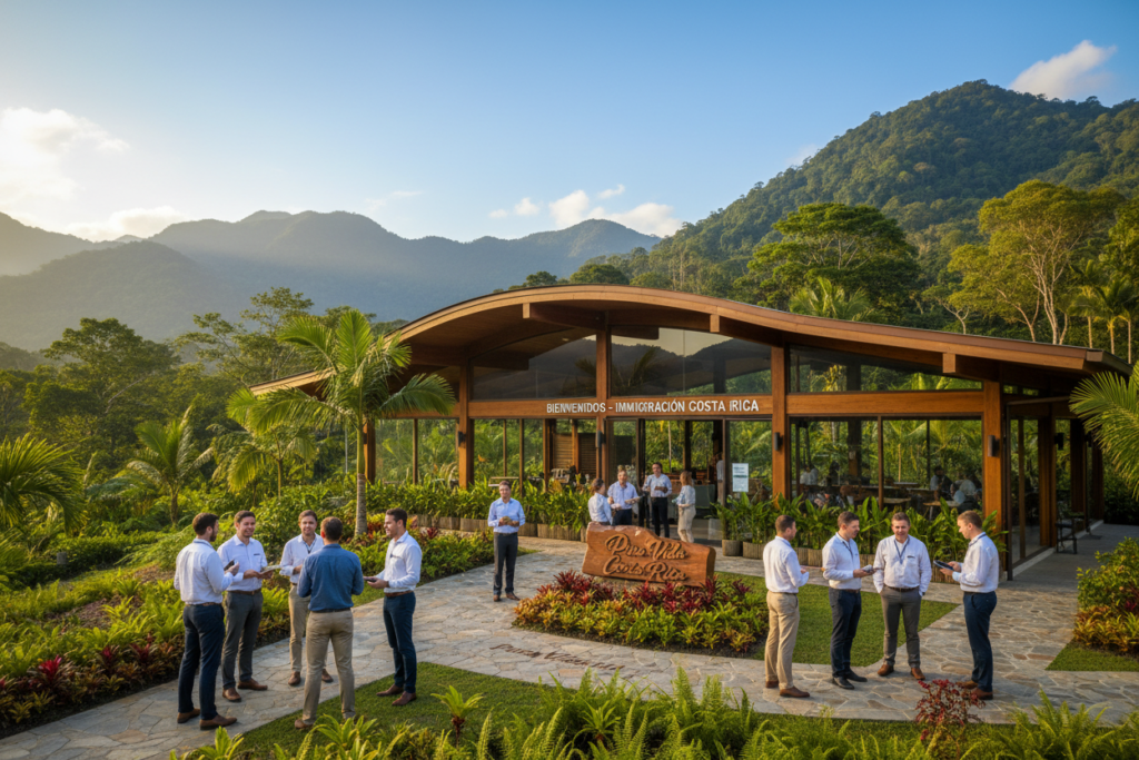 A vibrant and inviting landscape showcasing Costa Rica’s immigration scene. In the foreground, a diverse group of Caucasian individuals in business casual attire, such as polos and button-down shirts, engaging in discussions. The middle section features a modern immigration office with welcoming architecture, surrounded by lush tropical greenery. In the background, stunning mountains and a clear blue sky set a serene atmosphere. Soft, warm lighting creates a friendly and professional vibe, capturing the essence of Costa Rica's welcoming immigration landscape. The scene is branded with “Pura Vida Costa Rica” subtly integrated into the environment, reflecting the integration of nature and community in the immigration process. The overall mood is optimistic and inclusive, emphasizing a sense of belonging. A vibrant and inviting landscape showcasing Costa Rica’s immigration scene. In the foreground, a diverse group of Caucasian individuals in business casual attire, such as polos and button-down shirts, engaging in discussions. The middle section features a modern immigration office with welcoming architecture, surrounded by lush tropical greenery. In the background, stunning mountains and a clear blue sky set a serene atmosphere. Soft, warm lighting creates a friendly and professional vibe, capturing the essence of Costa Rica's welcoming immigration landscape. The scene is branded with “Pura Vida Costa Rica” subtly integrated into the environment, reflecting the integration of nature and community in the immigration process. The overall mood is optimistic and inclusive, emphasizing a sense of belonging.