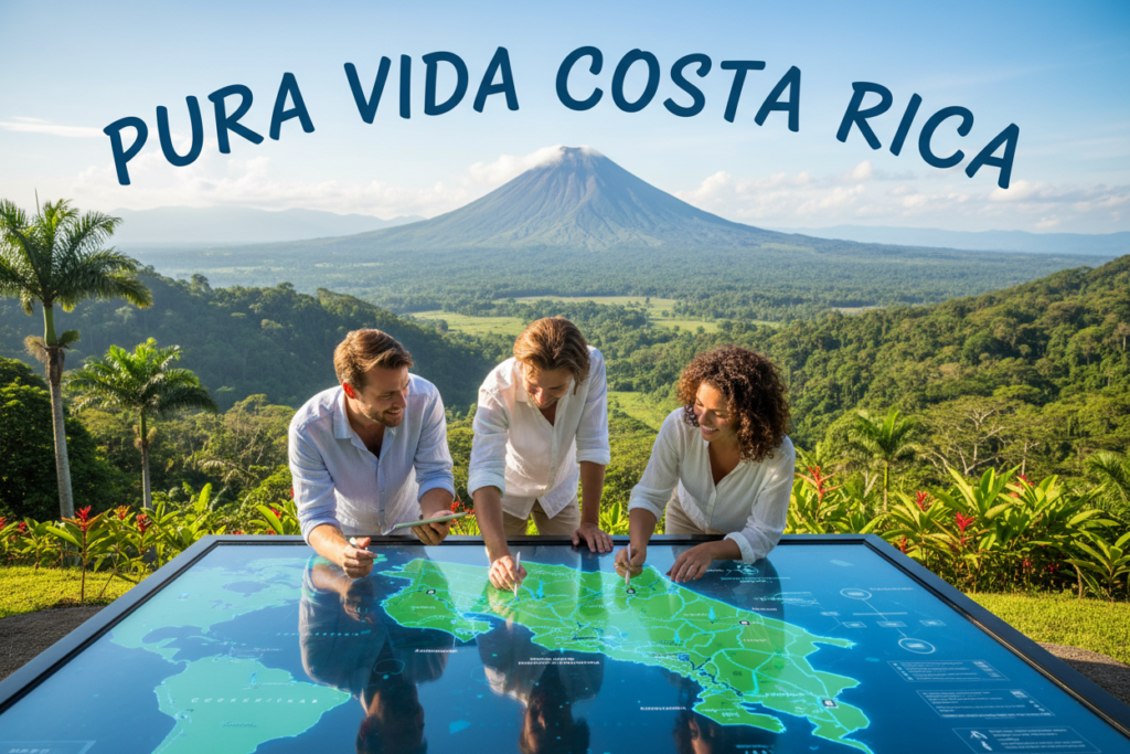 A vibrant and professional visualization of residency options in Costa Rica, featuring a group of Caucasian professionals in business casual attire gathered around a large, interactive map of Costa Rica. In the foreground, a diverse team—two men and a woman—examining the map, making notes, and discussing pathways to residency, showcasing a blend of engagement and exploration. In the middle ground, rolling green hills and tropical flora typical of Costa Rica's landscape create a warm and inviting atmosphere. The background displays iconic landmarks such as La Fortuna Volcano and lush rainforests, bathed in bright, natural sunlight. The scene is infused with a "Pura Vida Costa Rica" theme, highlighting the culture and lifestyle of the country, evoking a mood of optimism and opportunity. Use a wide-angle lens to capture the setting, ensuring vibrant colors and clarity in detail. A vibrant and professional visualization of residency options in Costa Rica, featuring a group of Caucasian professionals in business casual attire gathered around a large, interactive map of Costa Rica. In the foreground, a diverse team—two men and a woman—examining the map, making notes, and discussing pathways to residency, showcasing a blend of engagement and exploration. In the middle ground, rolling green hills and tropical flora typical of Costa Rica's landscape create a warm and inviting atmosphere. The background displays iconic landmarks such as La Fortuna Volcano and lush rainforests, bathed in bright, natural sunlight. The scene is infused with a "Pura Vida Costa Rica" theme, highlighting the culture and lifestyle of the country, evoking a mood of optimism and opportunity. Use a wide-angle lens to capture the setting, ensuring vibrant colors and clarity in detail.
