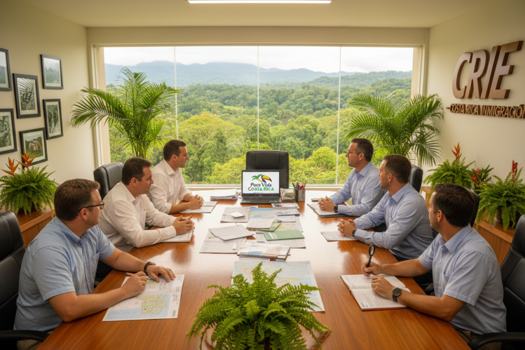 A vibrant and welcoming office environment depicting the Costa Rica Residency and Immigration process (CRIE). In the foreground, a diverse group of Caucasian professionals dressed in business casual attire (polo and button-down shirts) are engaged in a discussion over immigration documents and maps. In the middle, a large table filled with Costa Rican immigration forms, a laptop displaying the "Pura Vida Costa Rica" logo, and tropical plants accentuating the workspace. The background features a window showing a lush Costa Rican landscape, filled with greenery and accompanied by soft, natural light illuminating the scene. The atmosphere is positive and collaborative, reflecting hope and opportunity for those seeking residency in Costa Rica.