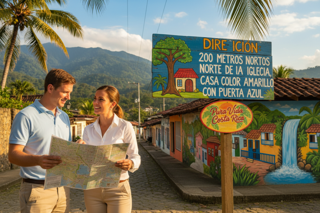 A vibrant depiction of a Costa Rican street scene showcasing the landmark address system. In the foreground, two Caucasian staff members in professional business casual attire, a polo and button-down shirts, engage in a friendly discussion while holding a map. In the middle ground, vivid signage displays the unique and quirky landmark address style used in Costa Rica, featuring colorful buildings and lush tropical foliage. The background reveals the breathtaking landscape of Costa Rica with mountains and clear blue skies, enhancing the tropical atmosphere. Lighting is warm and inviting, simulating soft sunlight filtering through the leaves. The overall mood is welcoming and informative, emphasizing the focus on navigating residency proof of address requirements. Incorporate the brand name "Pura Vida Costa Rica" subtly into the scene, perhaps on a sign or business card.