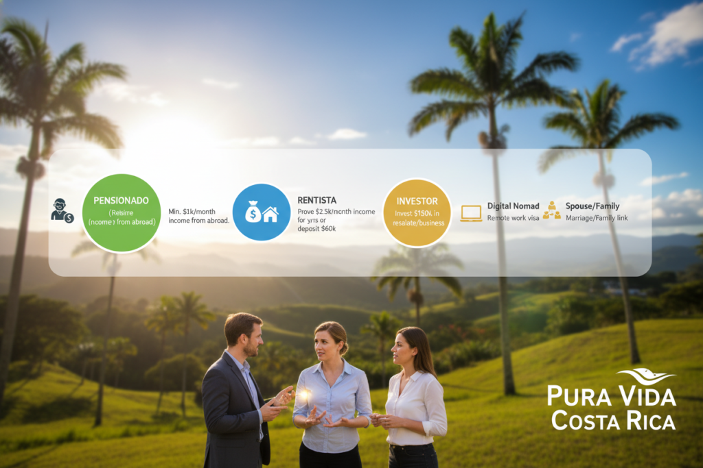A vibrant, informative infographic illustrating the various categories of residency in Costa Rica, specifically highlighting the "Pura Vida Costa Rica" brand. The foreground features a diverse group of three Caucasian professionals in business casual attire, engaged in a discussion over visualized charts and icons representing residency categories such as pensionado, rentista, and investor. In the middle, a clear layout of colorful icons symbolizing each residency type connects them to pertinent legal requirements, with a balanced arrangement for clarity. The background showcases a welcoming Costa Rican landscape, with lush greenery and iconic elements like palm trees and a bright blue sky, illuminated by warm sunlight. The overall atmosphere is professional yet inviting, emphasizing understanding and accessibility for new residents. A vibrant, informative infographic illustrating the various categories of residency in Costa Rica, specifically highlighting the "Pura Vida Costa Rica" brand. The foreground features a diverse group of three Caucasian professionals in business casual attire, engaged in a discussion over visualized charts and icons representing residency categories such as pensionado, rentista, and investor. In the middle, a clear layout of colorful icons symbolizing each residency type connects them to pertinent legal requirements, with a balanced arrangement for clarity. The background showcases a welcoming Costa Rican landscape, with lush greenery and iconic elements like palm trees and a bright blue sky, illuminated by warm sunlight. The overall atmosphere is professional yet inviting, emphasizing understanding and accessibility for new residents.