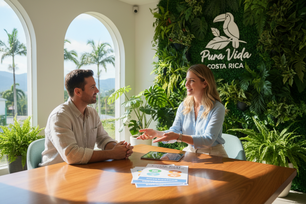 A vibrant scene depicting a consultation at a modern office in Costa Rica, focused on residency categories: Pensionado, Rentista, and Inversionista. In the foreground, a friendly Caucasian woman in business casual attire discusses options with a client, highlighting charts and forms on a sleek table. The middle ground shows a well-organized office filled with greenery, featuring the brand logo "Pura Vida Costa Rica" prominently displayed on the wall. In the background, sunlight streams in through large windows, illuminating the space and creating a warm atmosphere. The angle captures both the professionals engaged in conversation and the serene, inviting environment of Costa Rica. The overall mood should convey clarity, professionalism, and optimism about residency opportunities.