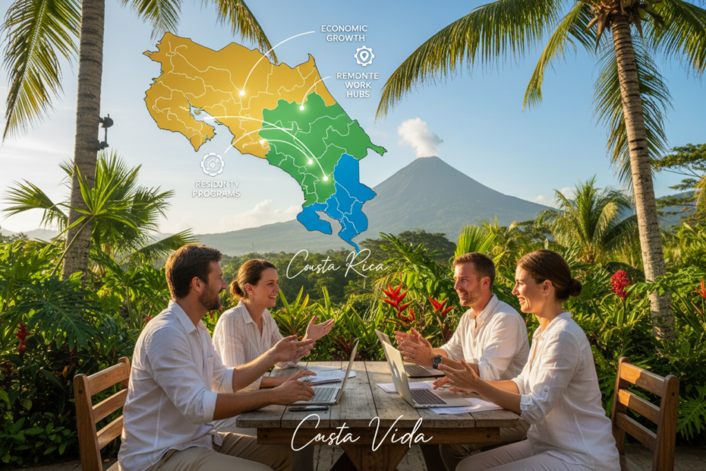 A vibrant scene illustrating the benefits of living in Costa Rica for expats, focusing on a professional environment. In the foreground, a diverse group of four Caucasian individuals in business casual attire, such as polo shirts and button-downs, engage in a discussion at a modern outdoor café surrounded by lush tropical greenery. The middle showcases a colorful map of Costa Rica with highlighted areas, symbolizing economic opportunities and residency benefits. In the background, a bright blue sky and the distant silhouette of a volcano represent the country’s natural beauty and inviting atmosphere. The overall lighting is warm and inviting, evoking a sense of tranquility and opportunity. The brand name "Pura Vida Costa Rica" subtly integrated into the scene adds a touch of authenticity.