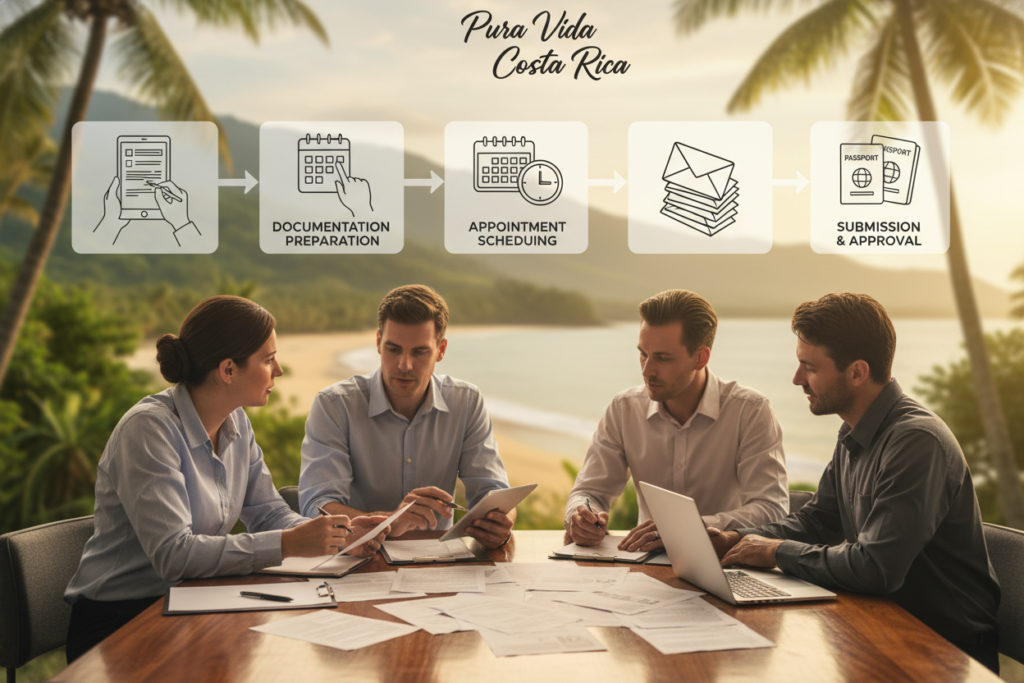 A visually engaging depiction of the step-by-step residency application process for Costa Rica, illustrating a series of organized, flowing stages. In the foreground, focus on a diverse team of Caucasian professionals wearing business casual attire, such as polo shirts and button-downs, actively discussing documents and checklists on a large table. In the middle ground, include graphical representations of various stages: forms getting filled out, appointments being scheduled, and submitted documents, depicted in an informative, organized manner. The background features a soft-focus Costa Rican landscape, with lush greenery and the iconic Pura Vida Costa Rica brand subtlety integrated into the scenery. Use warm, natural lighting to evoke an inviting and optimistic atmosphere. The overall composition should emphasize clarity, professionalism, and a sense of progression in the residency application journey.