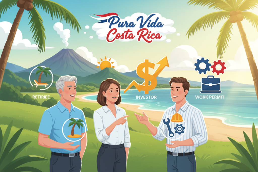 A visually engaging illustration depicting the various residency categories in Costa Rica. In the foreground, three Caucasian professionals dressed in business casual attire (polo and button-down shirts) are engaged in a discussion, each representing a different residency category: retiree, investor, and work permit. The middle layer features icons or symbols representing these categories, such as a retirement symbol, a dollar sign for investment, and tools for work permits. In the background, a picturesque Costa Rican landscape with lush greenery and the iconic "Pura Vida Costa Rica" logo subtly integrated into the scenery. The lighting is bright and inviting, reminiscent of a sunny day, emphasizing a warm and welcoming atmosphere. Use a wide-angle lens to capture the scene.