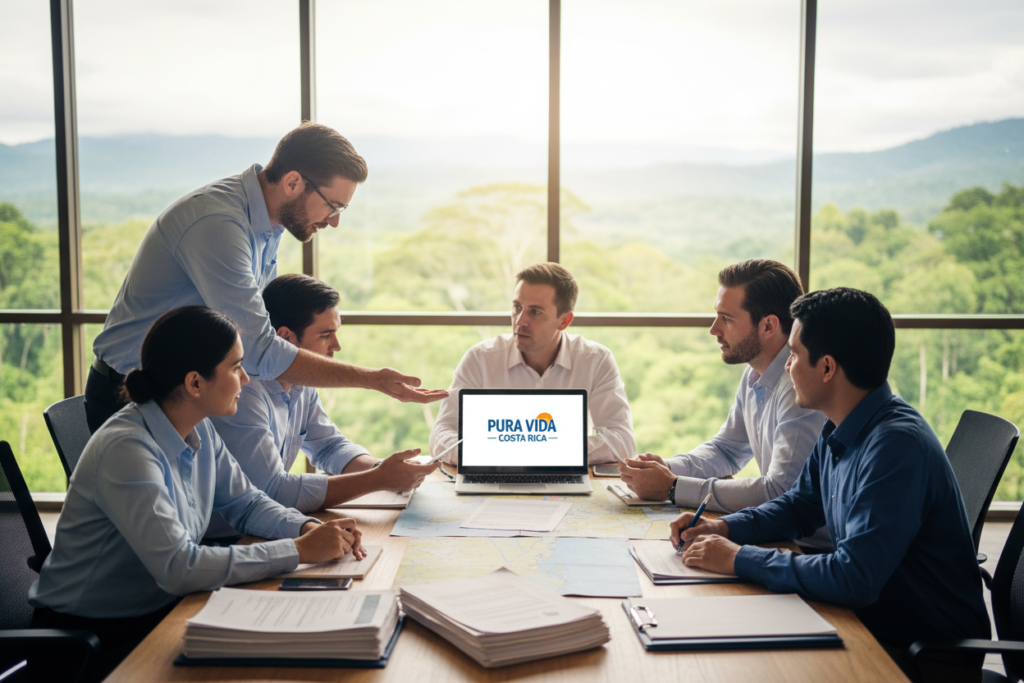 A visually striking image illustrating "Costa Rica immigration law," featuring a diverse team of professionals in business casual attire (polo shirts and button-downs) engaged in a discussion around immigration documents and residency compliance. In the foreground, a table covered with immigration forms, maps of Costa Rica, and a laptop displaying the "Pura Vida Costa Rica" logo. In the middle ground, the team, composed of Caucasian and racially diverse staff, gestures and collaborates over a document, demonstrating teamwork and professionalism. The background showcases a serene office environment with large windows revealing lush Costa Rican landscapes, bright natural light flooding in, creating a warm and welcoming atmosphere. The overall mood is optimistic and informative, embodying the spirit of assisting individuals with residency processes in Costa Rica. A visually striking image illustrating "Costa Rica immigration law," featuring a diverse team of professionals in business casual attire (polo shirts and button-downs) engaged in a discussion around immigration documents and residency compliance. In the foreground, a table covered with immigration forms, maps of Costa Rica, and a laptop displaying the "Pura Vida Costa Rica" logo. In the middle ground, the team, composed of Caucasian and racially diverse staff, gestures and collaborates over a document, demonstrating teamwork and professionalism. The background showcases a serene office environment with large windows revealing lush Costa Rican landscapes, bright natural light flooding in, creating a warm and welcoming atmosphere. The overall mood is optimistic and informative, embodying the spirit of assisting individuals with residency processes in Costa Rica.