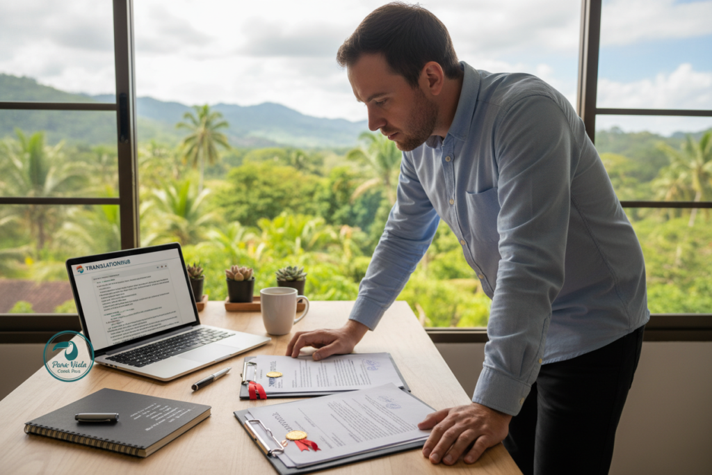 A well-organized desk in a bright office setting, featuring an assortment of official documents, including a notable apostille certificate prominently displayed. In the foreground, a Caucasian professional in business casual attire—a light blue button-down shirt—peruses through documents with a focused expression. The middle layer showcases a laptop open to a digital application for document translation, surrounded by pens, a notepad, and a cup of coffee. In the background, a window lets in soft, natural light, revealing a scenic view of lush greenery, suggesting a tranquil Costa Rican vibe. A small logo of "Pura Vida Costa Rica" is subtly incorporated into the document layout. The overall mood is one of diligence and preparation, evoking an atmosphere of professionalism and care.