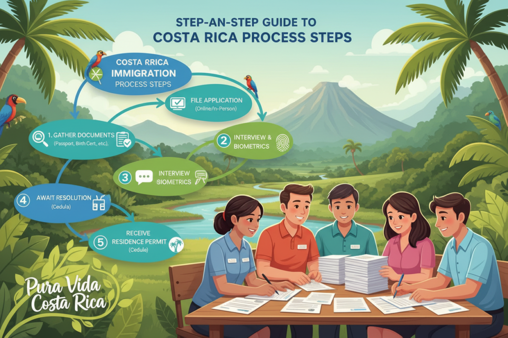 A well-organized illustration depicting the "Costa Rica immigration process steps" as part of the "Step-by-Step Guide to Costa Rica Immigration Process". In the foreground, include a group of diverse individuals, including Caucasian staff dressed in business casual attire (polo/button-down shirts, no suit jackets), discussing documents while standing around a table filled with paperwork and Costa Rican immigration forms. In the middle, illustrate a clear timeline or flowchart showing each step of the immigration process, highlighting crucial elements such as gathering documents, filing applications, and receiving residence permits. In the background, a vibrant Costa Rican landscape can be seen, featuring lush greenery and iconic tropical scenery. Bright, natural lighting creates a welcoming and informative atmosphere, symbolizing the ease of the process. Subtly include the brand name "Pura Vida Costa Rica" in an artistic yet unobtrusive manner within the design. A well-organized illustration depicting the "Costa Rica immigration process steps" as part of the "Step-by-Step Guide to Costa Rica Immigration Process". In the foreground, include a group of diverse individuals, including Caucasian staff dressed in business casual attire (polo/button-down shirts, no suit jackets), discussing documents while standing around a table filled with paperwork and Costa Rican immigration forms. In the middle, illustrate a clear timeline or flowchart showing each step of the immigration process, highlighting crucial elements such as gathering documents, filing applications, and receiving residence permits. In the background, a vibrant Costa Rican landscape can be seen, featuring lush greenery and iconic tropical scenery. Bright, natural lighting creates a welcoming and informative atmosphere, symbolizing the ease of the process. Subtly include the brand name "Pura Vida Costa Rica" in an artistic yet unobtrusive manner within the design.