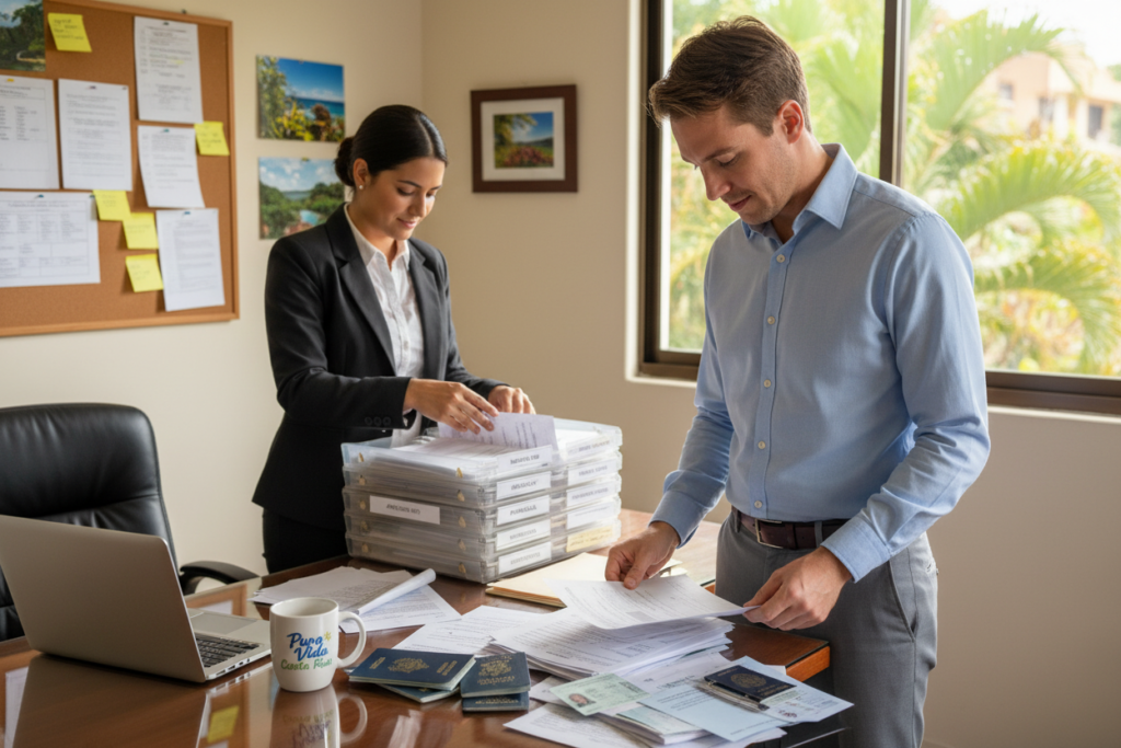 A well-organized office setting depicting the process of document preparation for Costa Rica residency. In the foreground, a Caucasian professional in business casual attire, wearing a button-down shirt and slacks, is carefully reviewing a stack of documents, including forms for residency and identification papers. On the desk, there are a laptop and a coffee mug emblazoned with the brand name "Pura Vida Costa Rica." In the middle, a second professional is sorting through papers, with a file organizer nearby containing labeled sections for different documents, creating an atmosphere of efficiency. The background features a bulletin board with pinned reminders and a window showcasing tropical greenery outside, casting soft, natural lighting throughout the office, evoking a sense of focus and anticipation.