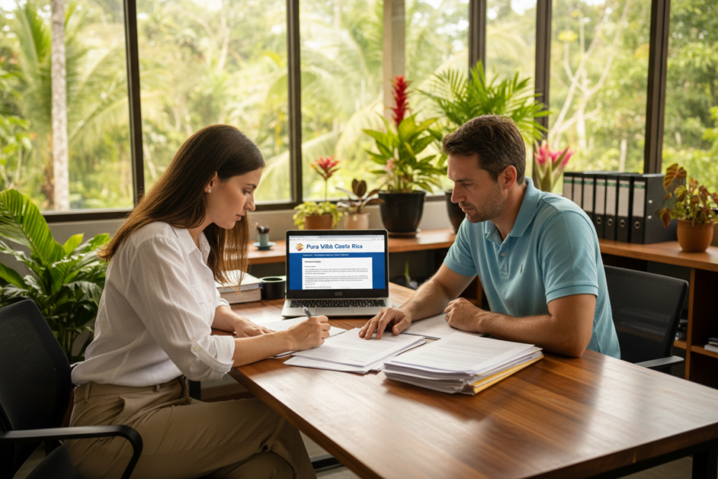 A well-organized office setting in Costa Rica, showcasing a Caucasian couple sitting at a modern desk, both dressed in business casual attire, possibly a polo and button-down shirt. They are intently reviewing documents related to overstay fines and regulations, with a laptop open displaying the "Pura Vida Costa Rica" website. In the background, large windows reveal a lush tropical landscape, hinting at the vibrant natural beauty of the country. The lighting is soft and warm, creating a welcoming atmosphere. The scene captures a sense of professionalism and determination, highlighting the process of navigating the fix-overstay-costa-rica process. The angle is slightly angled downward to focus on the couple and documents, while the greenery outside softly blurs to emphasize the subjects in the foreground. No text or overlays are present in the image.