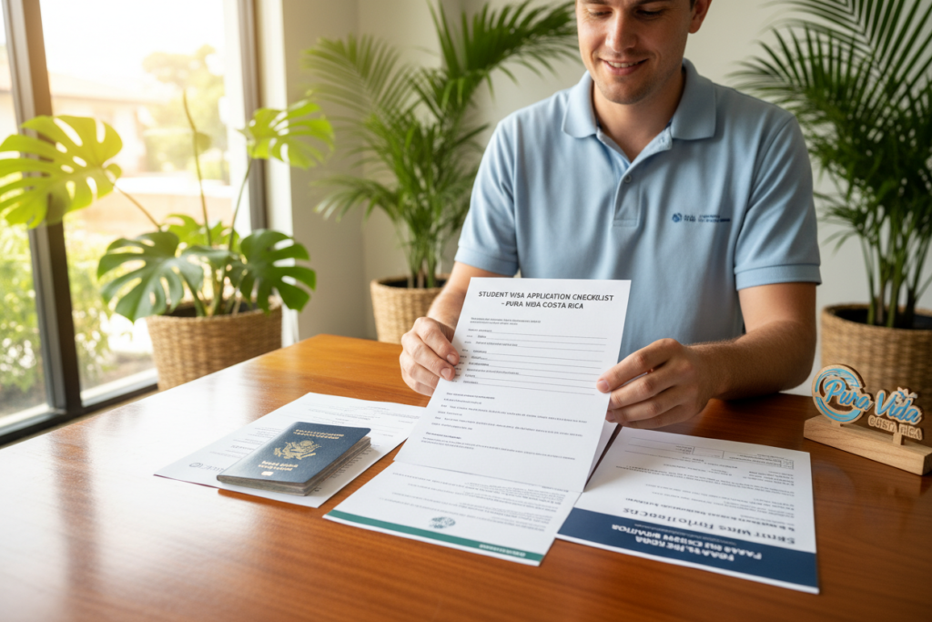 A well-organized student visa document checklist displayed on a wooden desk, with key documents spread out, such as a passport, acceptance letter, financial statement, and health insurance information. A Caucasian staff member in a business casual polo shirt sorts these papers, emphasizing a professional yet approachable atmosphere. The background features a soft-focus view of an office space adorned with tropical plants, evoking a Costa Rican vibe. Warm, natural lighting filters through a nearby window, creating a welcoming environment. Include the brand name "Pura Vida Costa Rica" subtly integrated into the scene, enhancing the thematic focus on Costa Rica without overwhelming the image. Aim for a tidy, informative composition that inspires confidence and clarity regarding the visa application process.